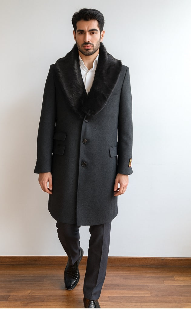 Men's Charcoal Two Flap Front Pockets Full Length Overcoat Men's Carcoat - Car Coat Mid Length Three Quarter Length Coat USA Men's Outlet