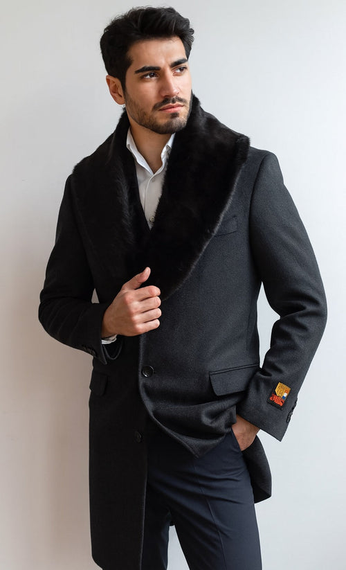 Men's Charcoal Two Flap Front Pockets Full Length Overcoat Men's Carcoat - Car Coat Mid Length Three Quarter Length Coat USA Men's Outlet