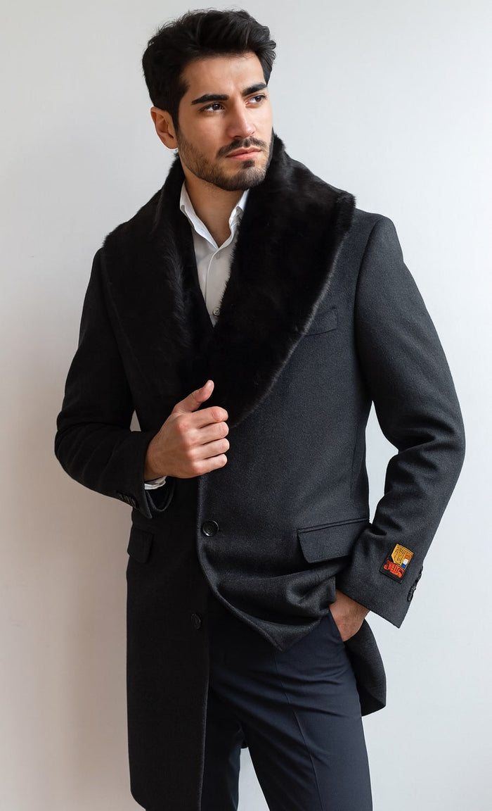 Men's Charcoal Two Flap Front Pockets Full Length Overcoat Men's Carcoat - Car Coat Mid Length Three Quarter Length Coat USA Men's Outlet