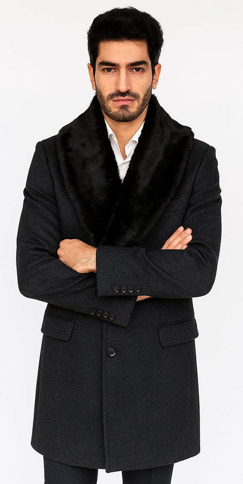 Men's Charcoal Two Flap Front Pockets Full Length Overcoat Men's Carcoat - Car Coat Mid Length Three Quarter Length Coat USA Men's Outlet