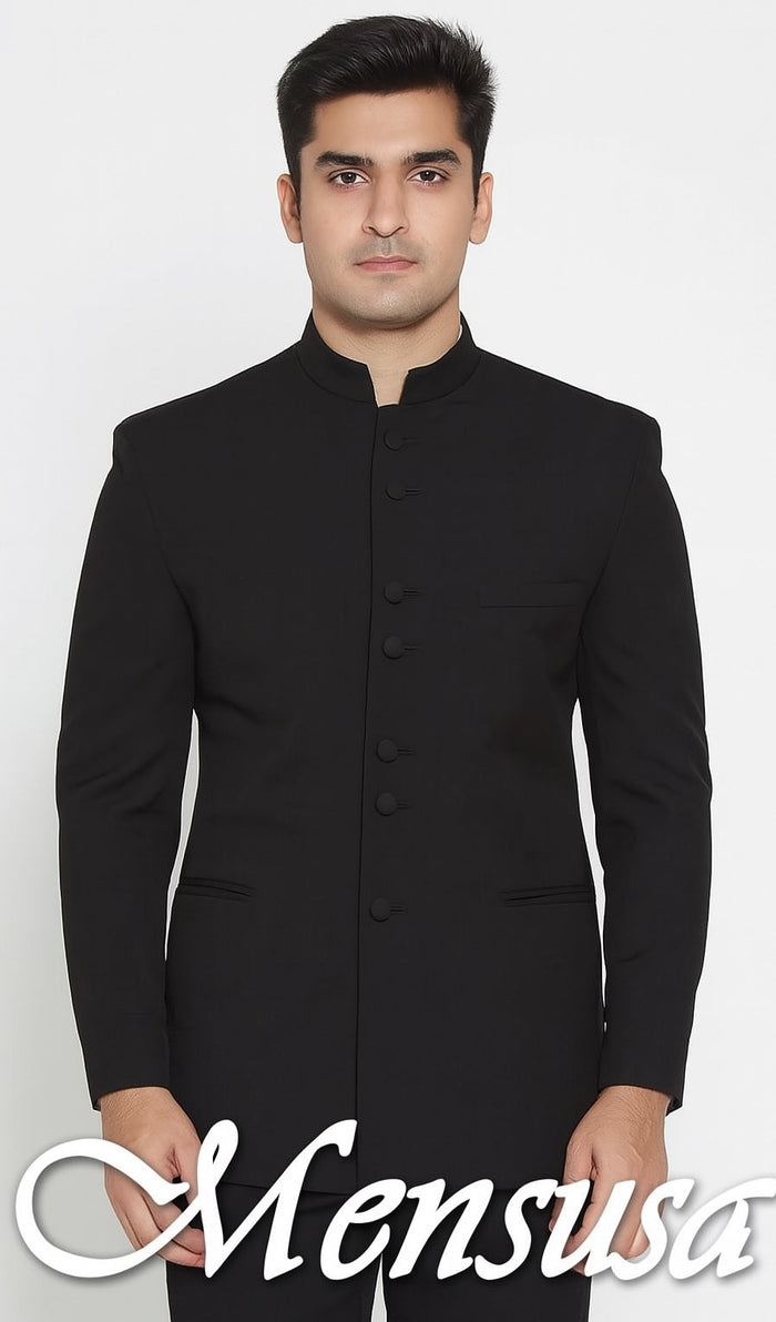 Men's Collarless Blazer Nehru Jacket Marriage Groom Wedding Black