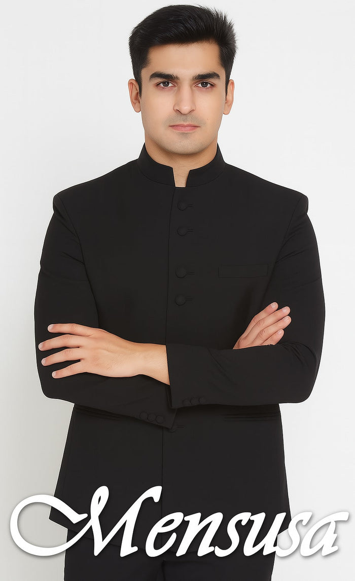 Men's Collarless Blazer Nehru Jacket Marriage Groom Wedding Black