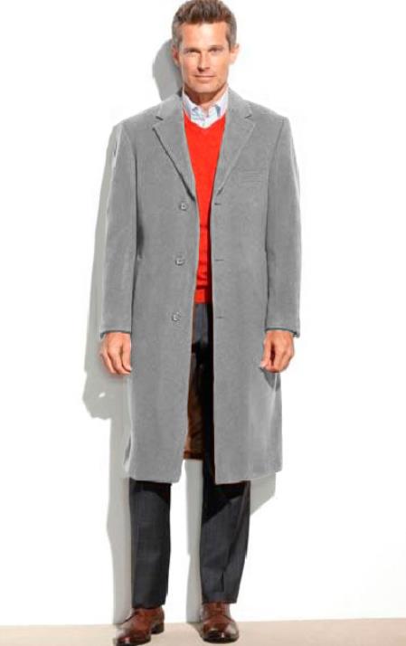 Men's Dress Coat Light Gray 3 Button Full Length Overcoat ~ Long Men's Dress Topcoat - Winter Coat (Cashmere Touch (Not Cashmere)) by USA Men's Outlet