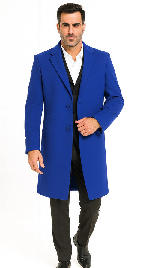 Men's Dress Coat Soft Finest Grade Royal Blue Overcoat ~ Long Men's Dress Topcoat - Winter Coat USA Men's Outlet