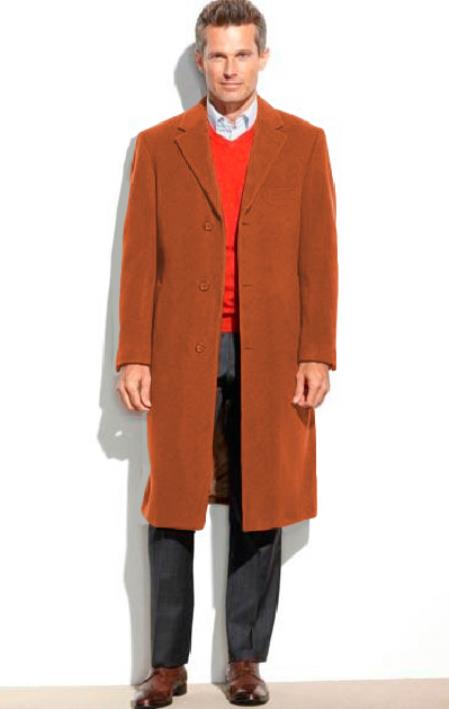 Men's Dress Coat Full Length Overcoat ~ Long Men's Dress Topcoat - Winter Coat Rust (Cashmere Touch (Not Cashmere)) by USA Men's Outlet