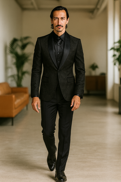 Black Prom Tuxedo Suit - Black Wedding Suit - Men's Slim Fit Wedding & Prom Tonal Paisley Tuxedo Jacket