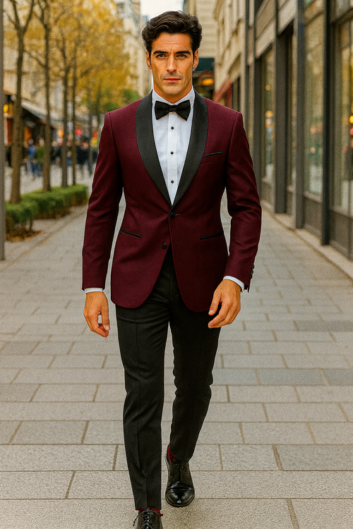 Prom Tuxedo - Wedding Suit - Groom Suit MEN'S BURGUNDY WITH BLACK LAPEL VESTED 100% WOOL TUXEDO