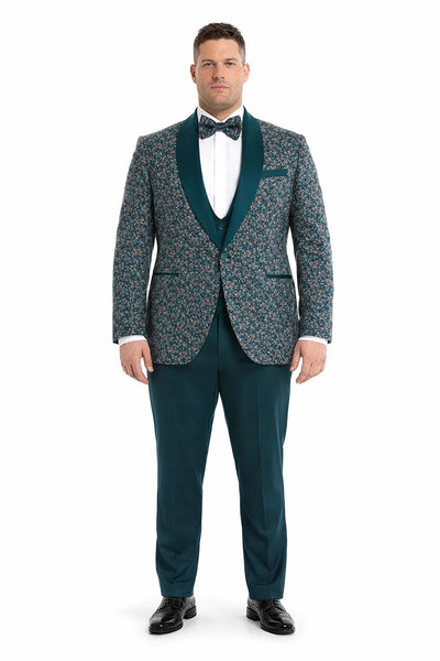 Men’s Green Splatter Print Prom Tuxedo – One Button Vintage Style with Shawl Lapel & Vest