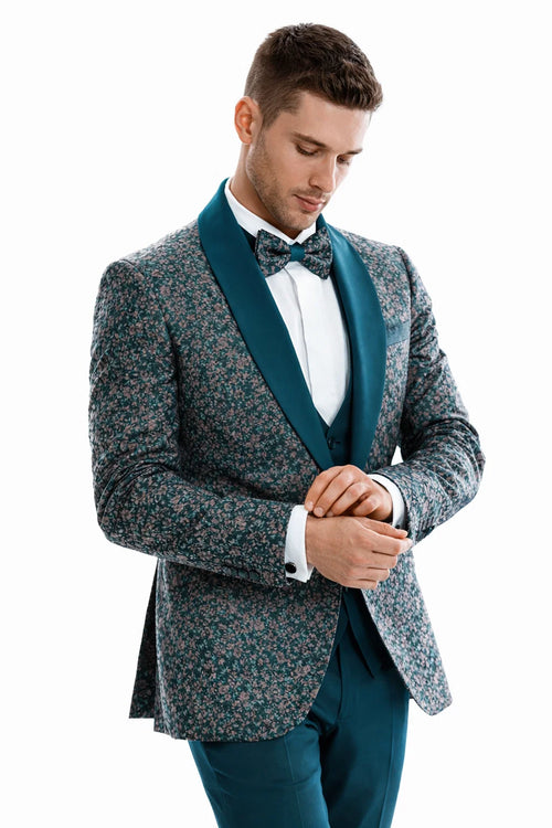 Men’s Green Splatter Print Prom Tuxedo – One Button Vintage Style with Shawl Lapel & Vest
