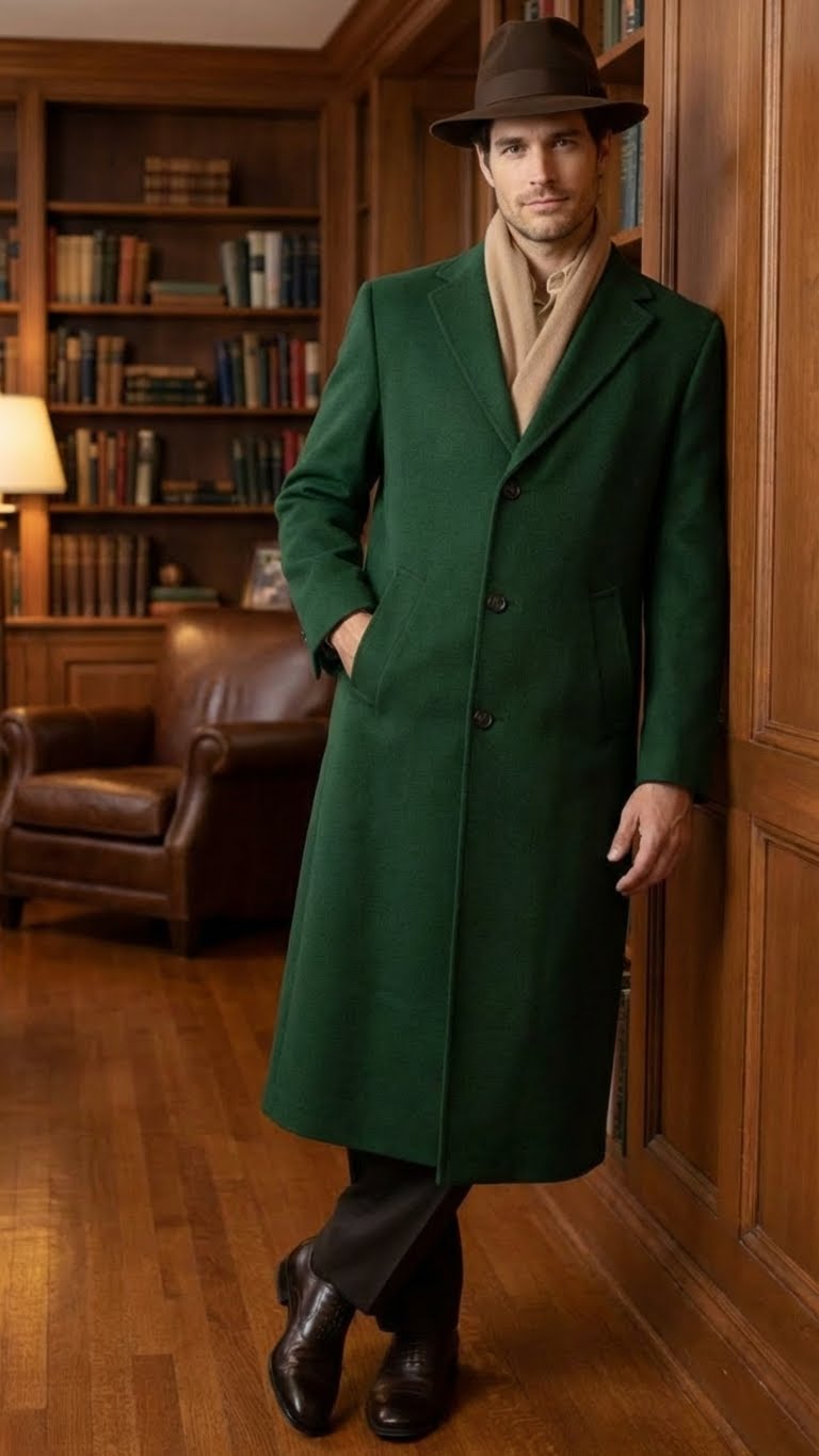 Men’s Hunter Green Full-Length Wool Overcoat