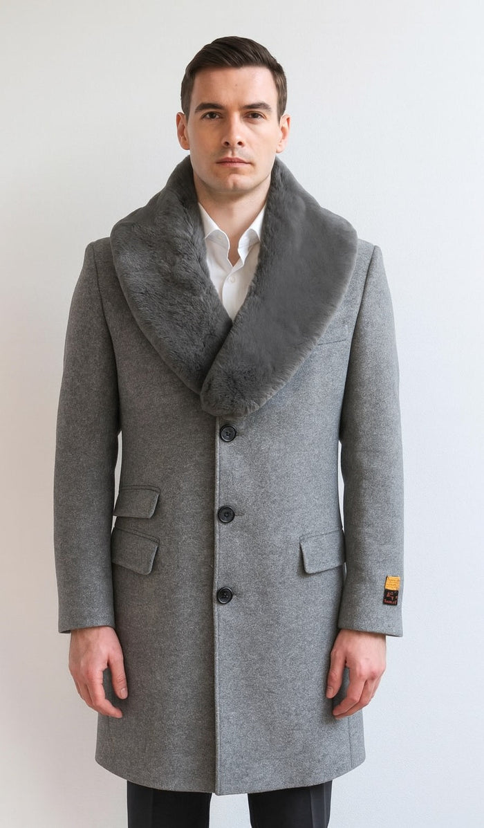 Men's Light Gray Fur Collar Two Flap Front Pockets Full Length Men's Men's Carcoat - Car Coat Mid Length Three Quarter Length Coat USA Men's Outlet