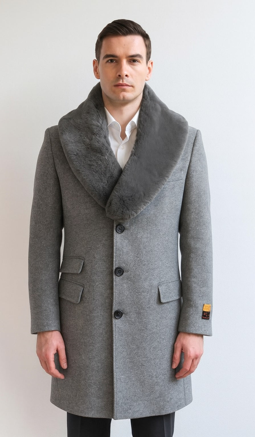 Men's Light Gray Fur Collar Two Flap Front Pockets Full Length Men's Men's Carcoat - Car Coat Mid Length Three Quarter Length Coat USA Men's Outlet