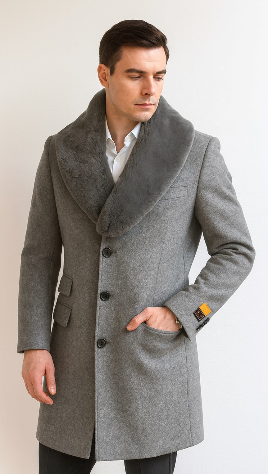 Men's Light Gray Fur Collar Two Flap Front Pockets Full Length Men's Men's Carcoat - Car Coat Mid Length Three Quarter Length Coat USA Men's Outlet