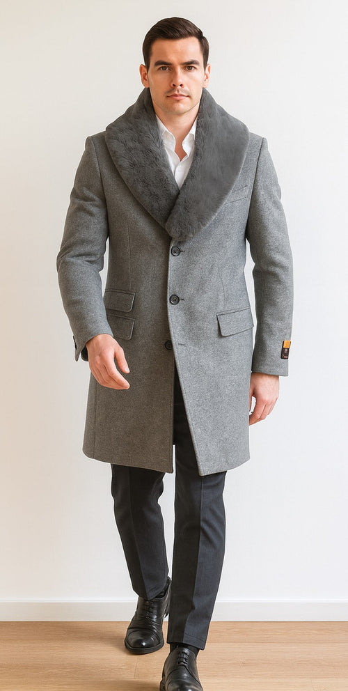 Men's Light Gray Fur Collar Two Flap Front Pockets Full Length Men's Men's Carcoat - Car Coat Mid Length Three Quarter Length Coat USA Men's Outlet