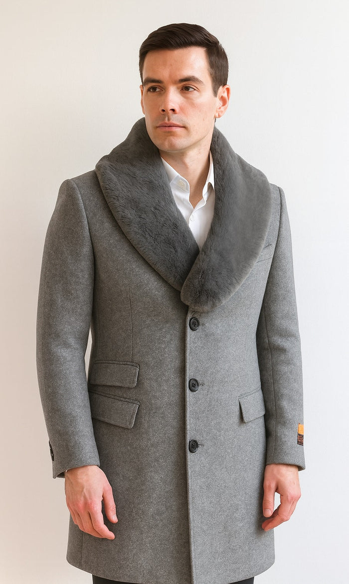 Men's Light Gray Fur Collar Two Flap Front Pockets Full Length Men's Men's Carcoat - Car Coat Mid Length Three Quarter Length Coat USA Men's Outlet