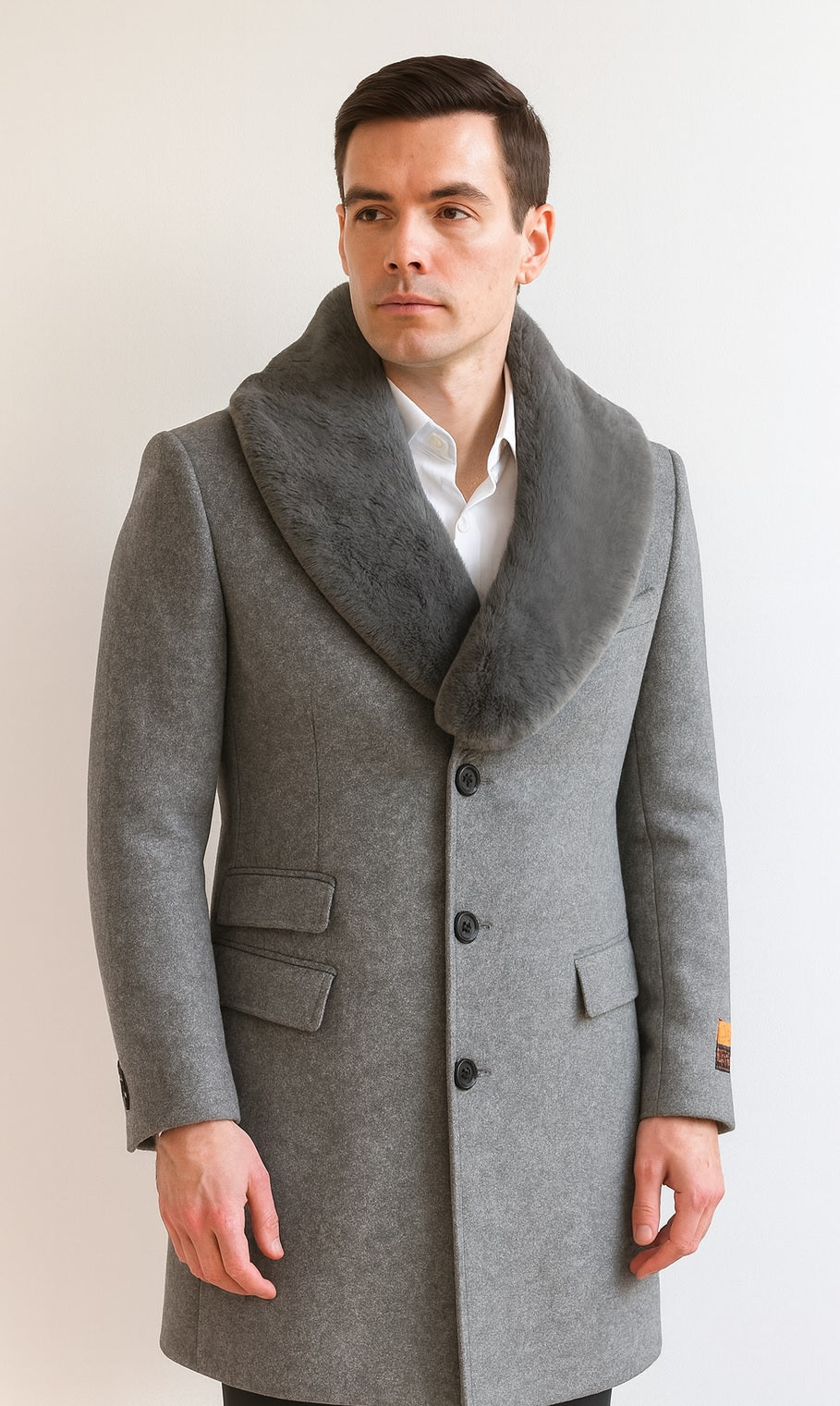 Men's Light Gray Fur Collar Two Flap Front Pockets Full Length Men's Men's Carcoat - Car Coat Mid Length Three Quarter Length Coat USA Men's Outlet