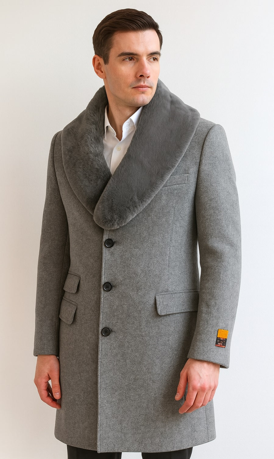 Men's Light Gray Fur Collar Two Flap Front Pockets Full Length Men's Men's Carcoat - Car Coat Mid Length Three Quarter Length Coat USA Men's Outlet
