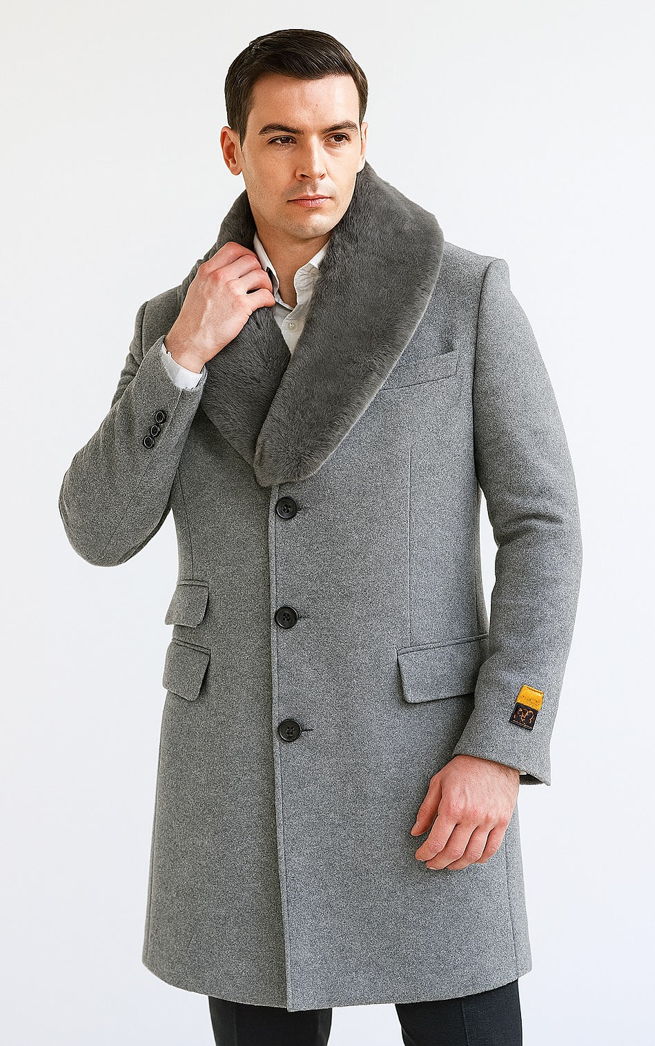 Men's Light Gray Fur Collar Two Flap Front Pockets Full Length Men's Men's Carcoat - Car Coat Mid Length Three Quarter Length Coat USA Men's Outlet