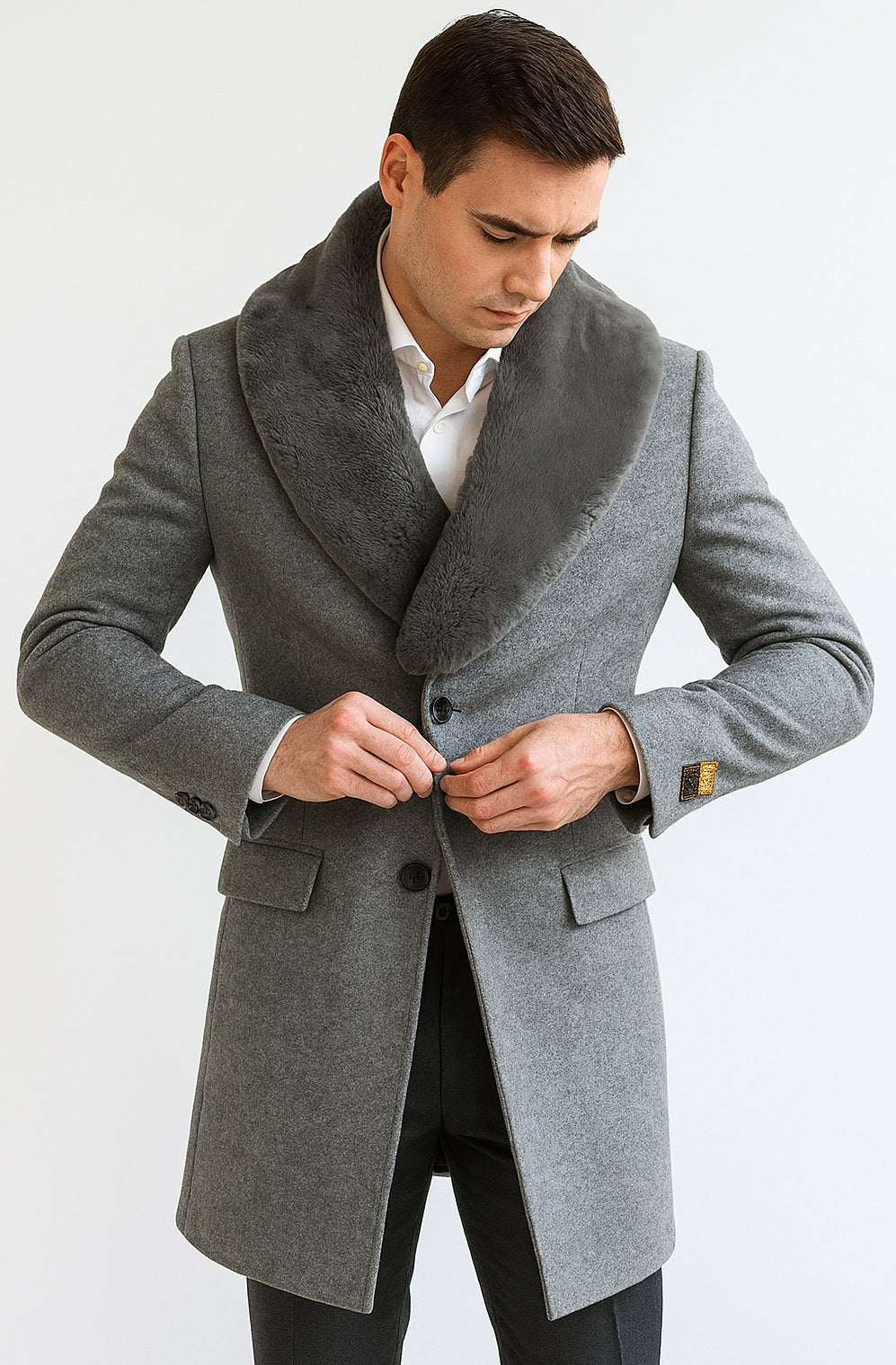 Men's Light Gray Fur Collar Two Flap Front Pockets Full Length Men's Men's Carcoat - Car Coat Mid Length Three Quarter Length Coat USA Men's Outlet