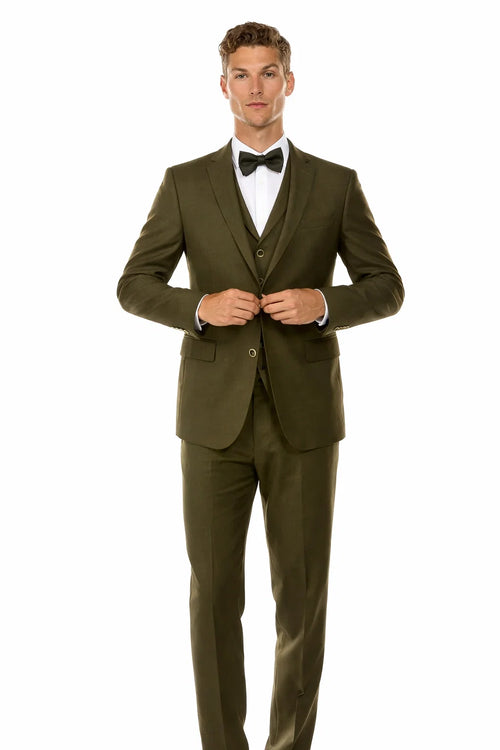 Men’s Olive Green Vintage Tweed Wedding Suit – Two Button Jacket with Vest