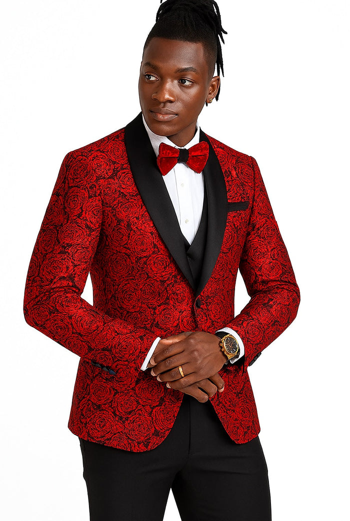 Red/Black Prom Tuxedo Suit - Red/Black Wedding Suit - Men's One Button Slim Fit Shiny Paisley Floral Vested Prom Tuxedo