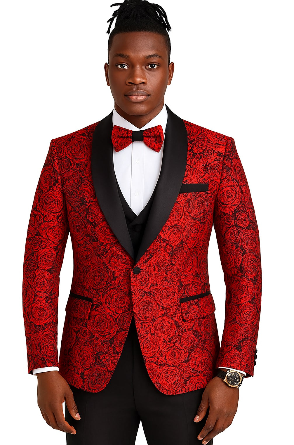 Boy's Men's Prom 2026tuxedo Red Black 2026 Tuxedo Suit Wedding One Button Slim Fit Shiny Paisley Floral Vested And 38 Short Jacket+32 Waist Adjustable