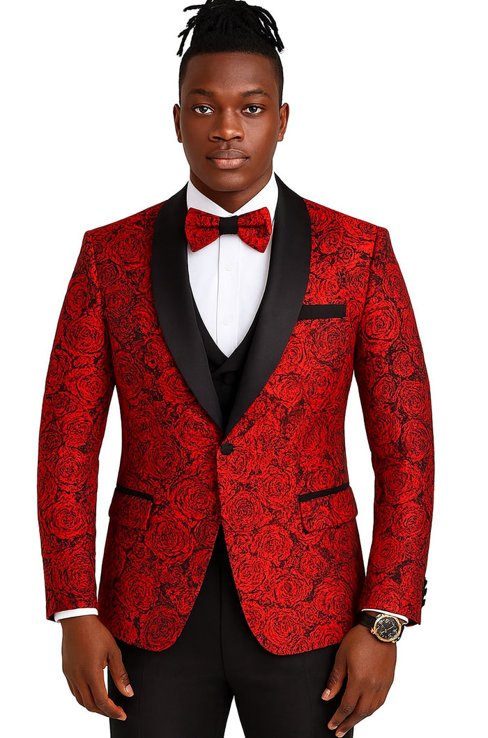 Red/Black Prom Tuxedo Suit - Red/Black Wedding Suit - Men's One Button Slim Fit Shiny Paisley Floral Vested Prom Tuxedo