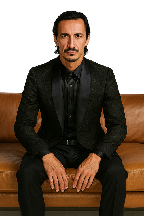 Black Prom Tuxedo Suit - Black Wedding Suit - Men's Slim Fit Wedding & Prom Tonal Paisley Tuxedo Jacket