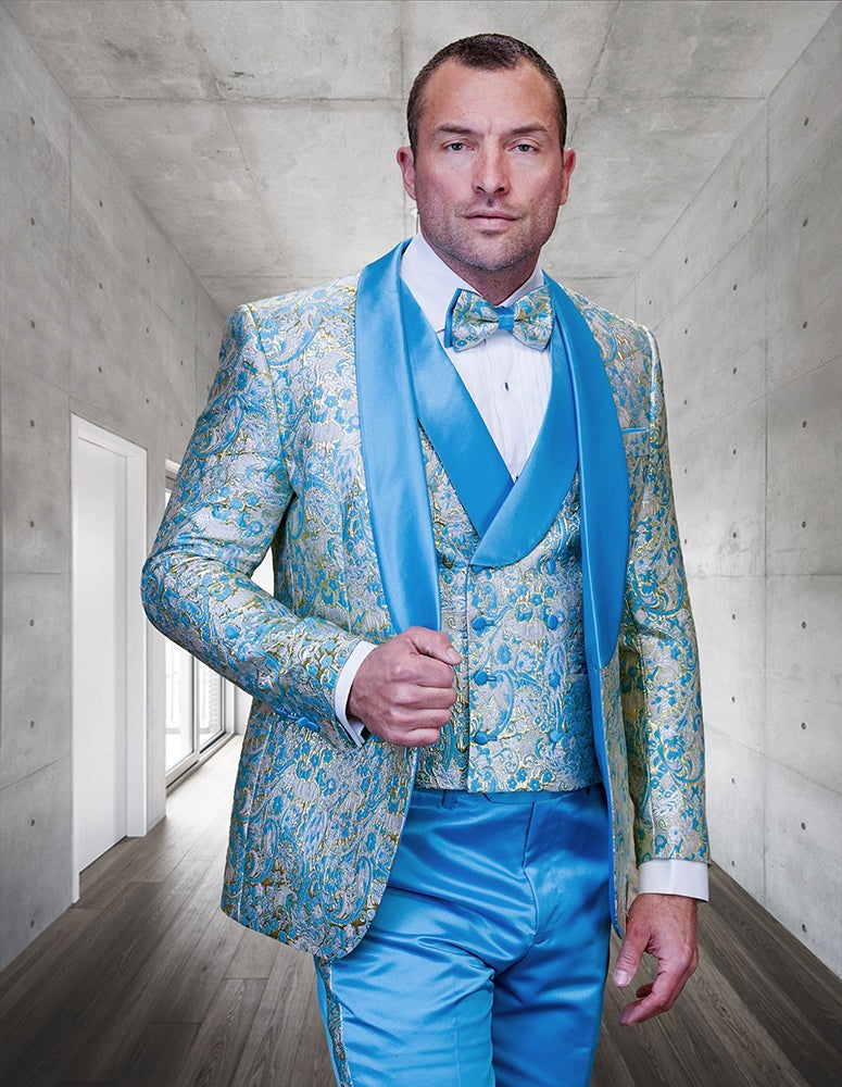 Men’s Turquoise Patterned Vested Tuxedo with Bowtie