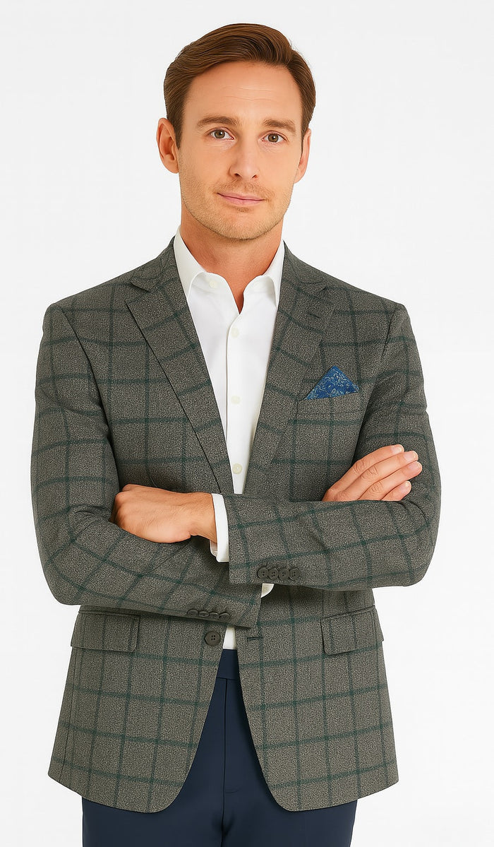 Men's Two-Button Wool Blazer - Classic Fit Brown & Olive Windowpane Plaid - Renoir