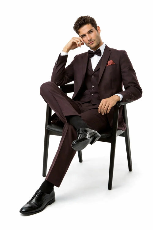 Men’s Two Button Vested Vintage Style Tweed Wedding Suit – Burgundy