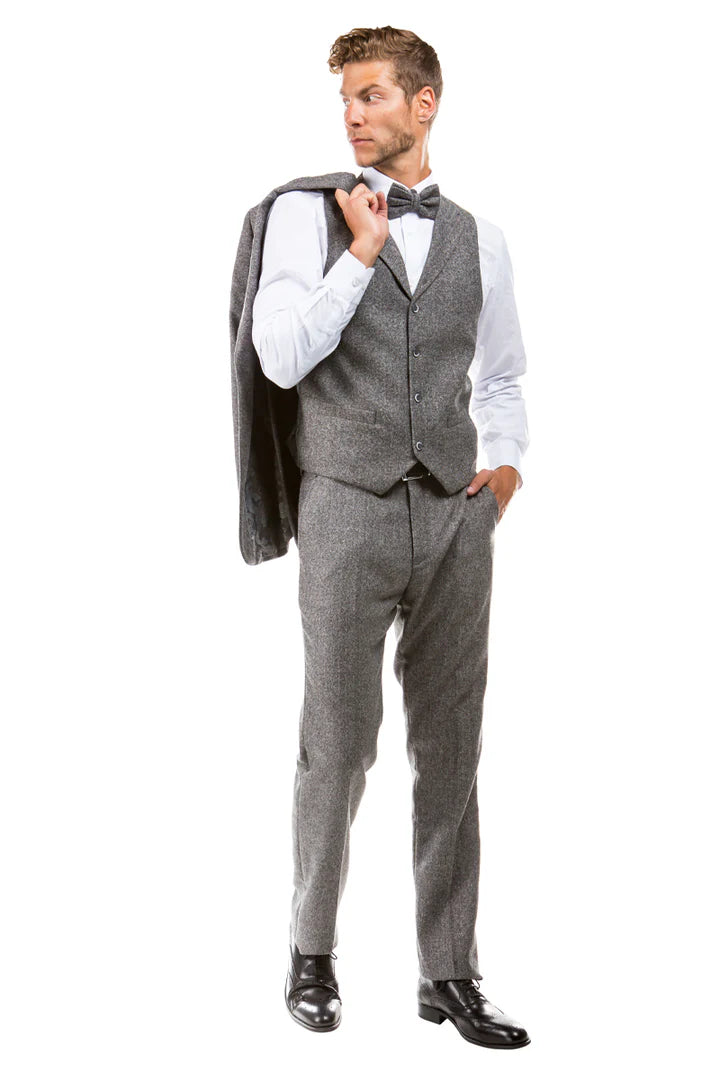 Men’s Two Button Vested Vintage Style Tweed Wedding Suit in Grey