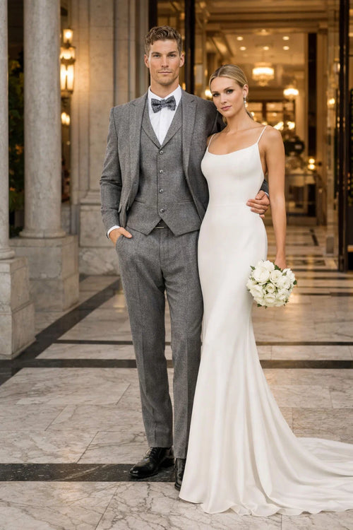 Men’s Two Button Vested Vintage Style Tweed Wedding Suit in Grey