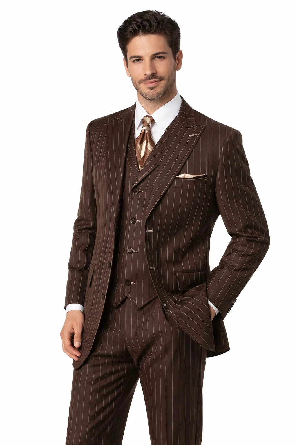 Men’s Vintage Brown Pinstripe 3-Piece Gangster Suit