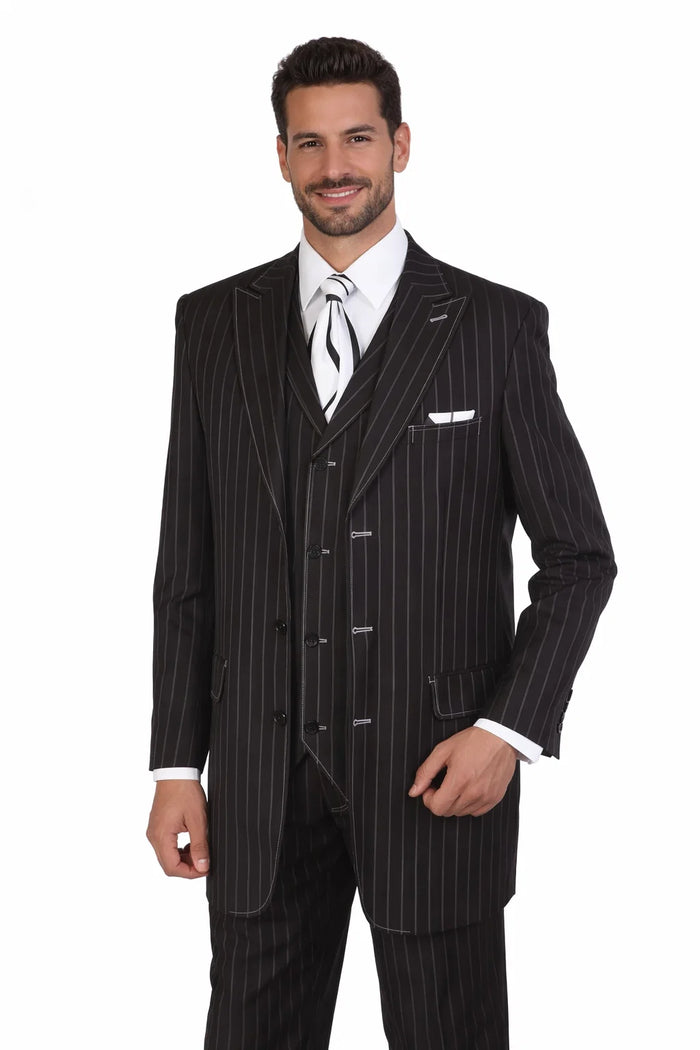 Men’s Vintage Vested Gangster Pinstripe Suit – Black & White 3-Piece Classic Fit