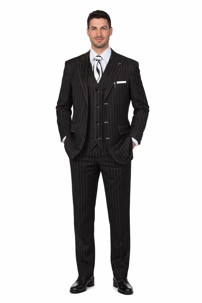 Men’s Vintage Vested Gangster Pinstripe Suit – Black & White 3-Piece Classic Fit
