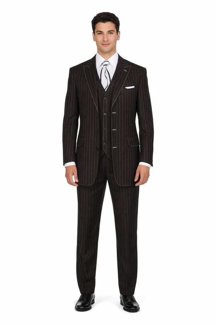 Men’s Vintage Vested Gangster Pinstripe Suit – Black & White 3-Piece Classic Fit