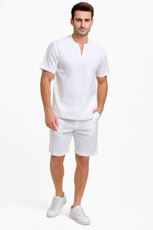 Men’s White Embroidered Short Set - Casual Summer Outfit with V-Neck Shirt and Matching Shorts by Men'sUSA