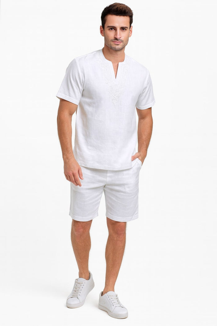 Men’s White Embroidered Short Set - Casual Summer Outfit with V-Neck Shirt and Matching Shorts by Men'sUSA