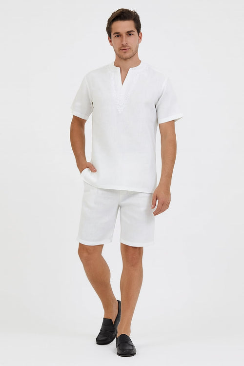 Men’s White Embroidered Short Set - Casual Summer Outfit with V-Neck Shirt and Matching Shorts by Men'sUSA