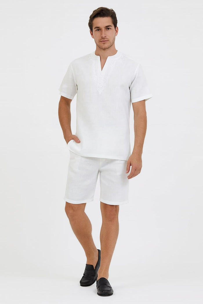 Men’s White Embroidered Short Set - Casual Summer Outfit with V-Neck Shirt and Matching Shorts by Men'sUSA