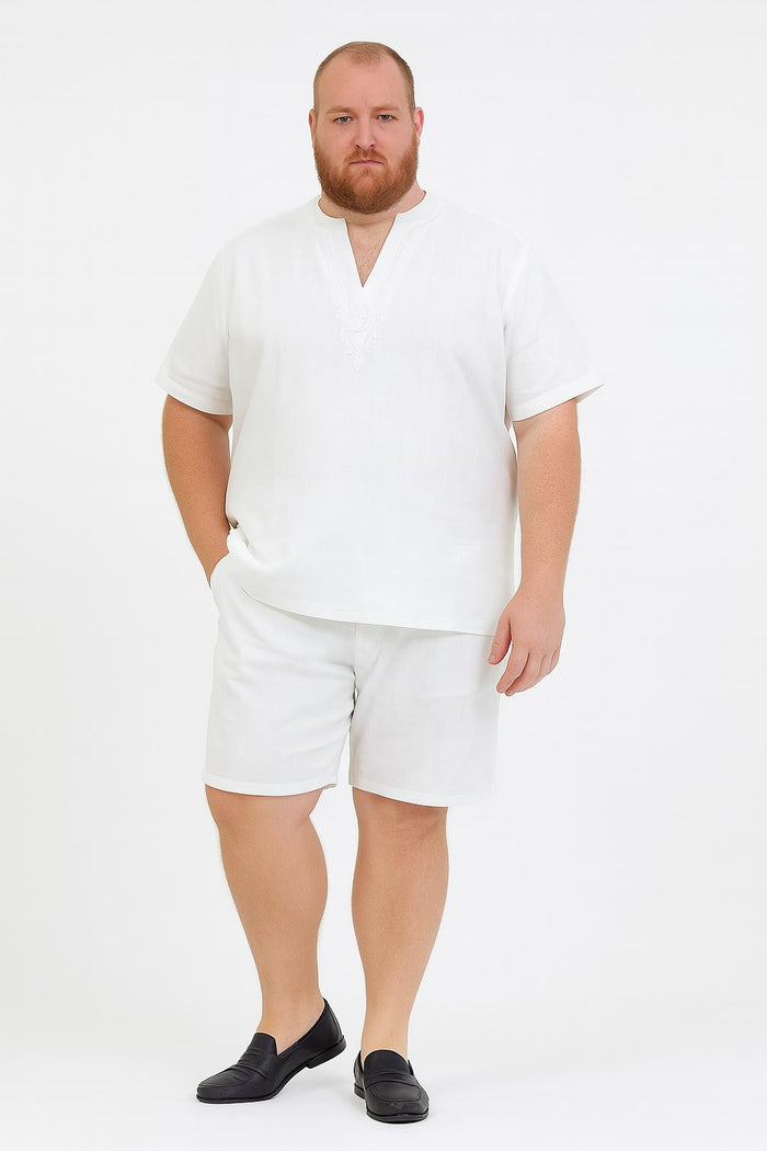 Men’s White Embroidered Short Set - Casual Summer Outfit with V-Neck Shirt and Matching Shorts by Men'sUSA
