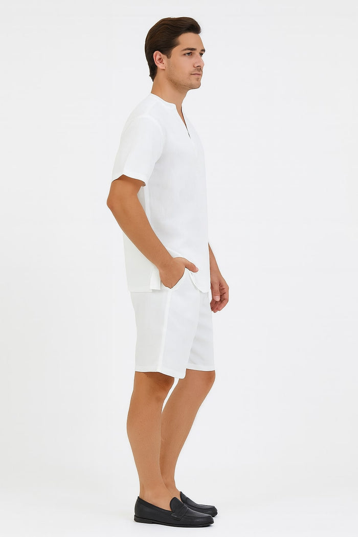 Men’s White Embroidered Short Set - Casual Summer Outfit with V-Neck Shirt and Matching Shorts by Men'sUSA