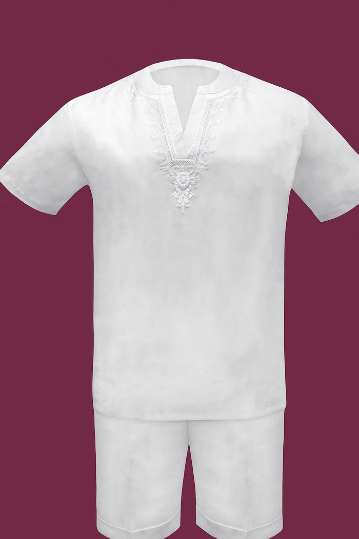 Men’s White Embroidered Short Set - Casual Summer Outfit with V-Neck Shirt and Matching Shorts by Men'sUSA