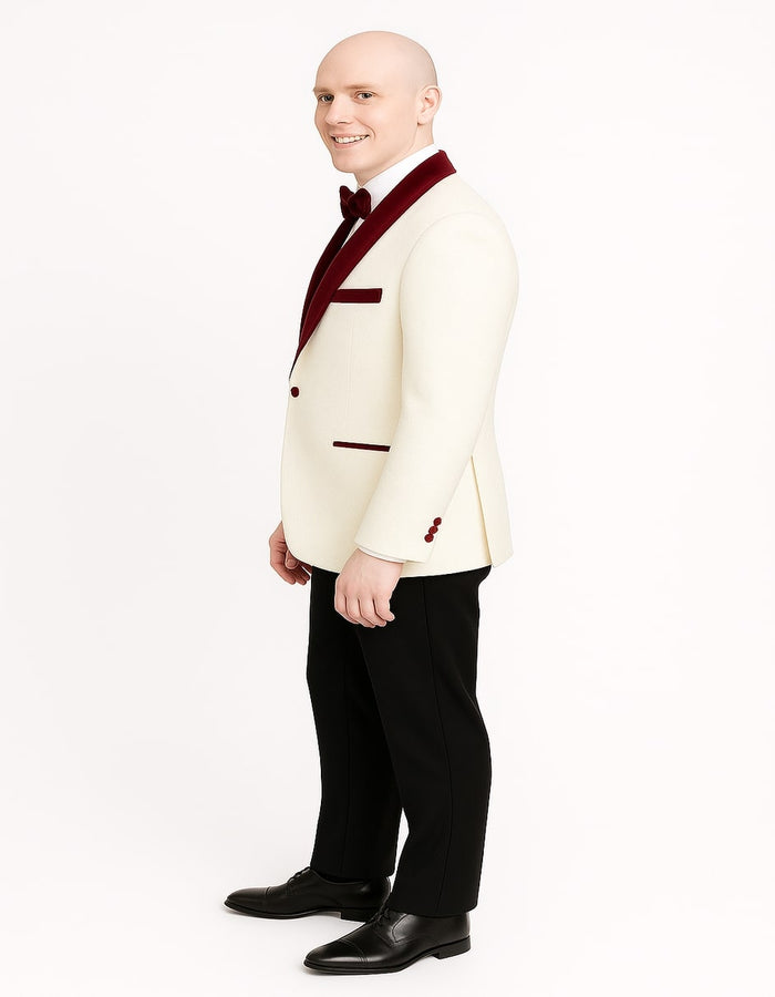 Men’s White Floral Tuxedo Jacket with Burgundy Velvet Shawl Lapel - Wedding, Prom, and Formal Event Suit by USA Men's Outlet