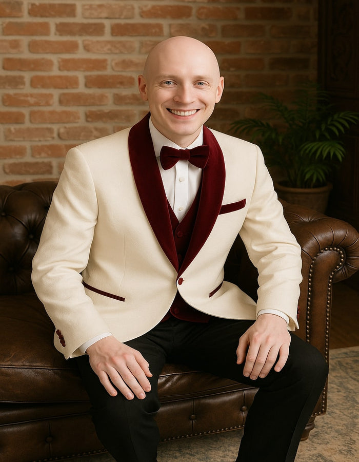Men’s White Floral Tuxedo Jacket with Burgundy Velvet Shawl Lapel - Wedding, Prom, and Formal Event Suit by USA Men's Outlet