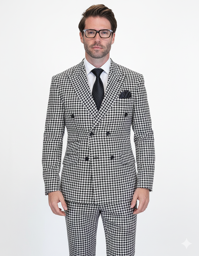 Double Breasted Suits - Vested Suits Wool Fabric - Black Houndstooth Suit by USA Men's Outlet