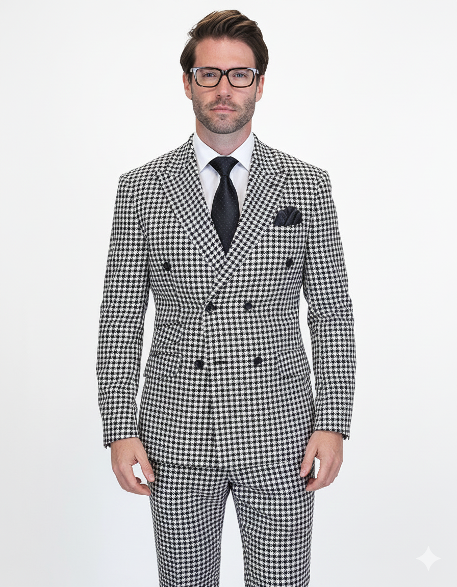 Double Breasted Suits - Vested Suits Wool Fabric - Black Houndstooth Suit by USA Men's Outlet