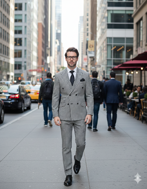Double Breasted Suits - Vested Suits Wool Fabric - Black Houndstooth Suit by USA Men's Outlet