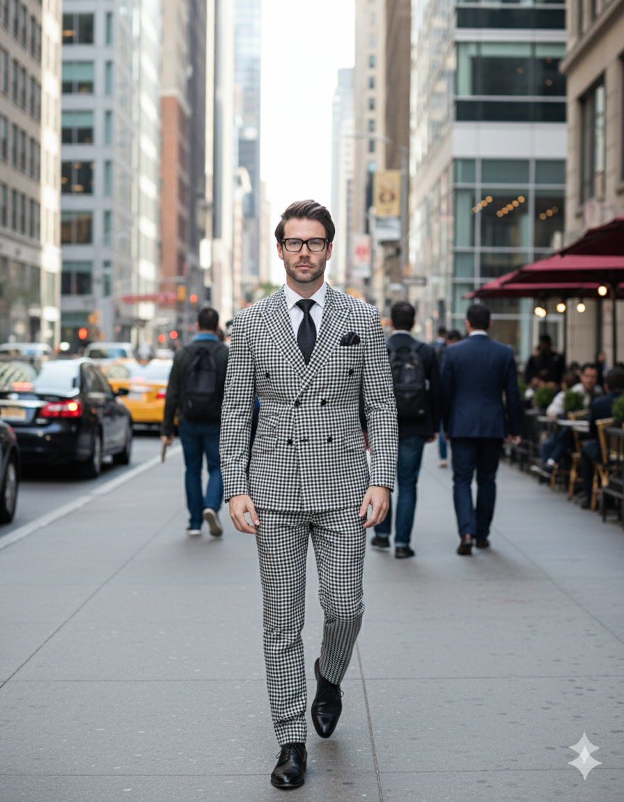 Double Breasted Suits - Vested Suits Wool Fabric - Black Houndstooth Suit by USA Men's Outlet
